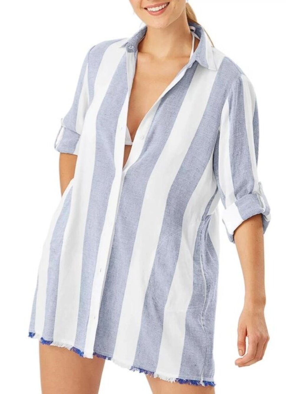 TOMMY BAHAMA Women's St. Lucia Linen-Blend Rugby Stripe Beach Shirt Size S